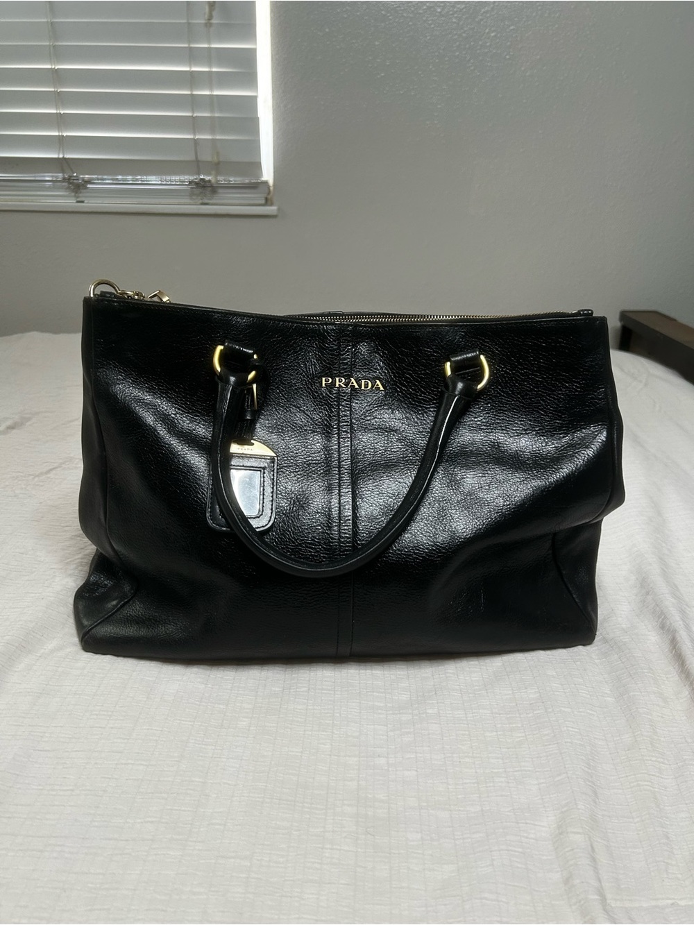 Prada Black Leather Tote with Gold Hardware